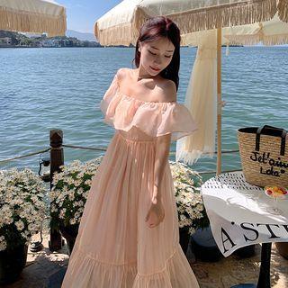 Strapless Ruffle Trim Maxi A-line Dress