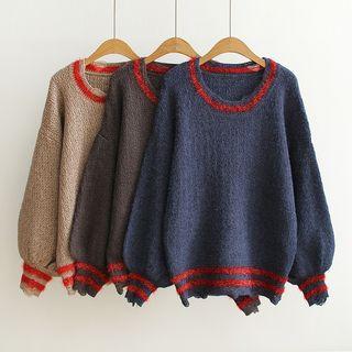 Color-block Distressed Loose-fit Crewneck Knitted Sweater