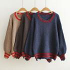 Color-block Distressed Loose-fit Crewneck Knitted Sweater