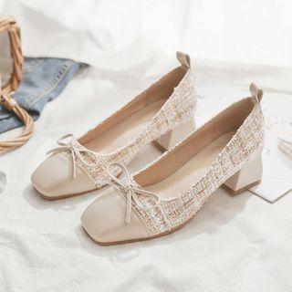 Bow Fabric Block Heel Pumps