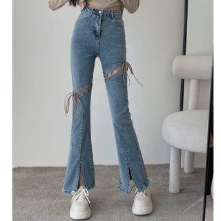 High-waist Strap Bell-bottom Jeans