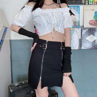 Set: Off-shoulder Ruffled Blouse + Zip-front Pencil Skirt