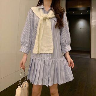 Set: Striped Pleated Dress + Knit Capelet