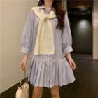 Set: Striped Pleated Dress + Knit Capelet