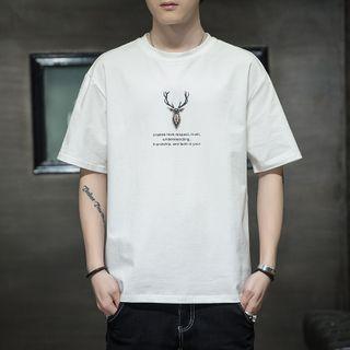 Deer Print Round Neck Short Sleeve T-shirt
