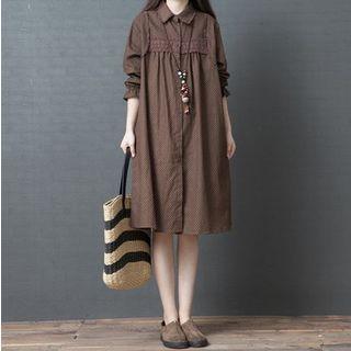 Long-sleeve Dotted Midi Linen Shirt Dress