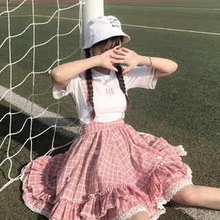 Short-sleeve T-shirt / Plaid Midi A-line Suspender Skirt