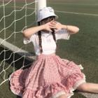 Short-sleeve T-shirt / Plaid Midi A-line Suspender Skirt