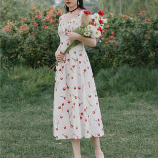 Cherry Print Sleeveless Midi A-line Dress