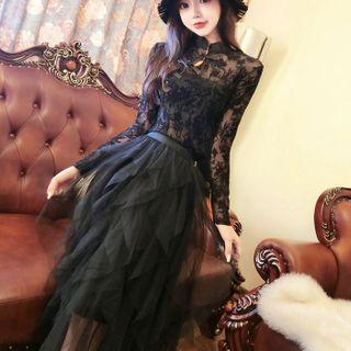 Stand Collar Long-sleeve Lace Top / Maxi Mesh Layered Skirt