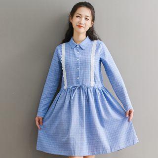 Plaid Lace Trim Long-sleeve A-line Dress