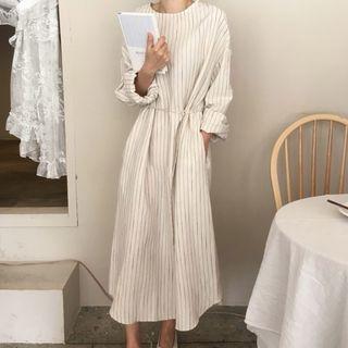 Long-sleeve Striped Midi Dress White - One Size