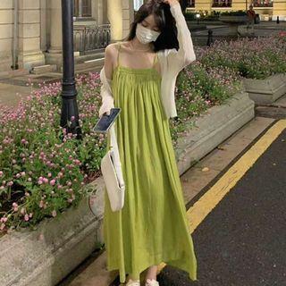Spaghetti-strap Plain Midi Sundress / Cardigan