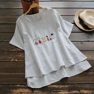 Short-sleeve Embroidery Striped Top