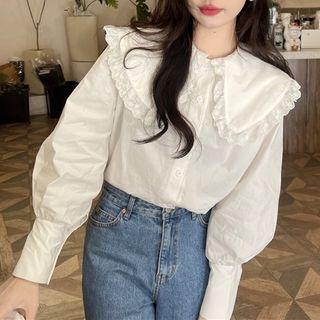 Wide Collar Lace Trim Blouse