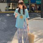 Elbow-sleeve Side-slit T-shirt / Tie Dye Wide Leg Pants