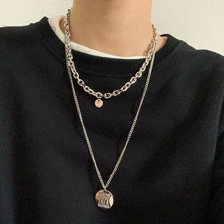 Embossed Disc Pendant Layered Necklace Set Of 2 - Silver - One Size