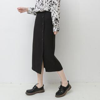 Plain High-waist Button Midi A-line Skirt