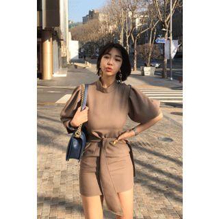 Puff-sleeve Button-detail Minidress With Sash