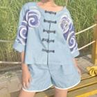 Set: Embroidered Frog Button Elbow-sleeve Top + Shorts