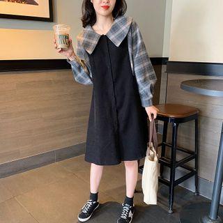 Long-sleeve Plaid Panel Midi A-line Shirt Dress