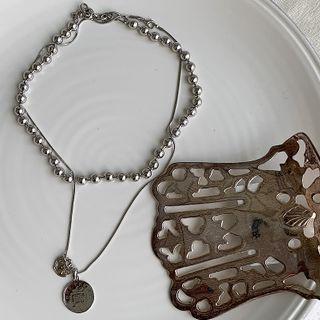 Set: Ball-chain Choker + Coin-pendant Necklace Silver - One Size