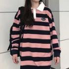 Long-sleeve Striped Polo Shirt Stripe - Pink - One Size