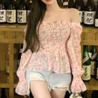 Off-shoulder Floral Cropped Blouse Pink Floral - White - One Size