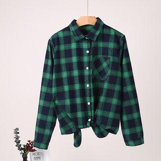Long-sleeve Plaid Front Knot Shirt