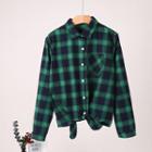 Long-sleeve Plaid Front Knot Shirt