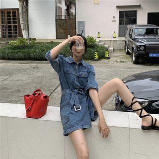 3/4-sleeve Wide-leg Buttoned Denim Playsuit Blue - One Size