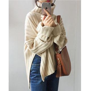 Turtleneck Side-slit Chunky Knit Sweater
