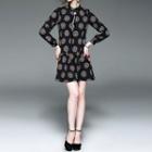 Print Collared A-line Dress With Faux Leather Tie