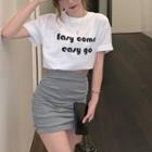 Short-sleeve Lettering T-shirt / Shirred Mini Pencil Skirt