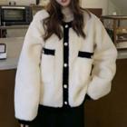 Contrast Trim Fluffy Jacket Off-white - One Size