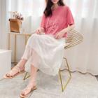 Set: Short-sleeve Lettering T-shirt + Midi Crinkle Skirt
