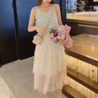 Set: Spaghetti Strap Chiffon Top + Mesh Skirt Top - Green - One Size / Skirt - White - One Size