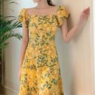 Puff-sleeve Floral Print Midi A-line Dress Yellow - One Size
