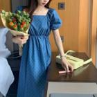 Short-sleeve Square Neck Dotted Midi A-line Dress Blue - One Size