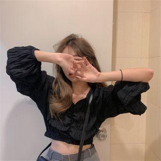 Puff-sleeve Cropped Crinkle Blouse Black - One Size