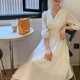 Balloon-sleeve V-neck High-waist Dress