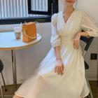 Balloon-sleeve V-neck High-waist Dress