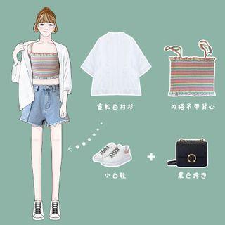 Fringed Trim Open Front Light Jacket / Camisole / Denim Shorts