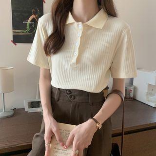 Short-sleeve Polo-neck Ribbed Top