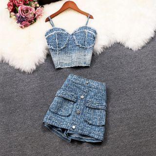 Set: Lettering Denim Camisole Top + Mini Pencil Skort