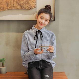 Striped Bow-accent Loose-fit Long-sleeve Shirt