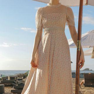 Mesh Panel Floral Print Short-sleeve Maxi A-line Dress