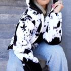Hooded Cow Print Zip Jacket