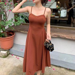 Long-sleeve Cardigan / Sleeveless Plain Midi Dress