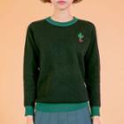 Contrast-trim Cactus Embroidered Knit Top